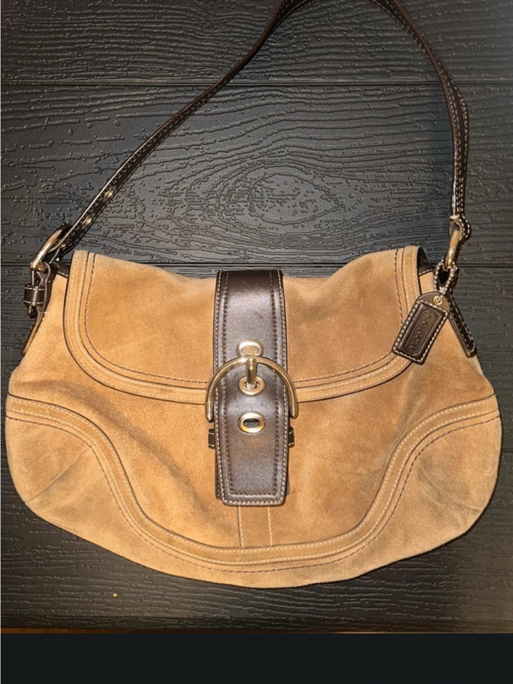 Vintage Coach Y2K Soho Camel Brown Suede Flap Buckle Shoulder Bag Purse F10918 - Picture 12 of 12